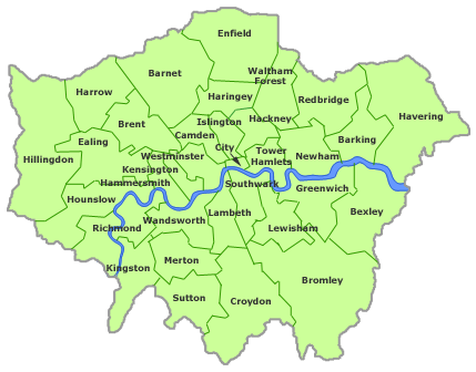 Map showing the boroughs of London. 24K